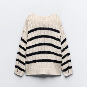 Zara chunky-knit cotton striped sweater, size S, cream/black